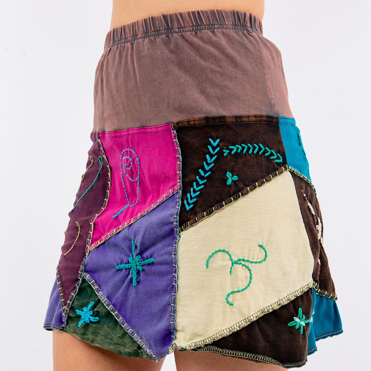 Cotton Patchwork Mini Skirt with Hand Emboidery