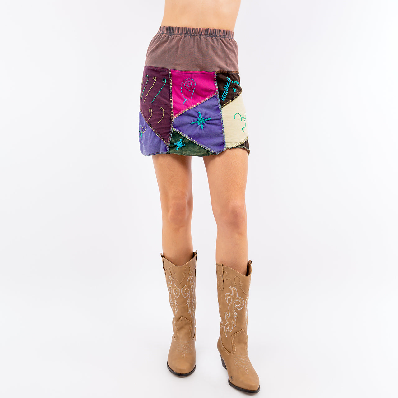 Cotton Patchwork Mini Skirt with Hand Emboidery