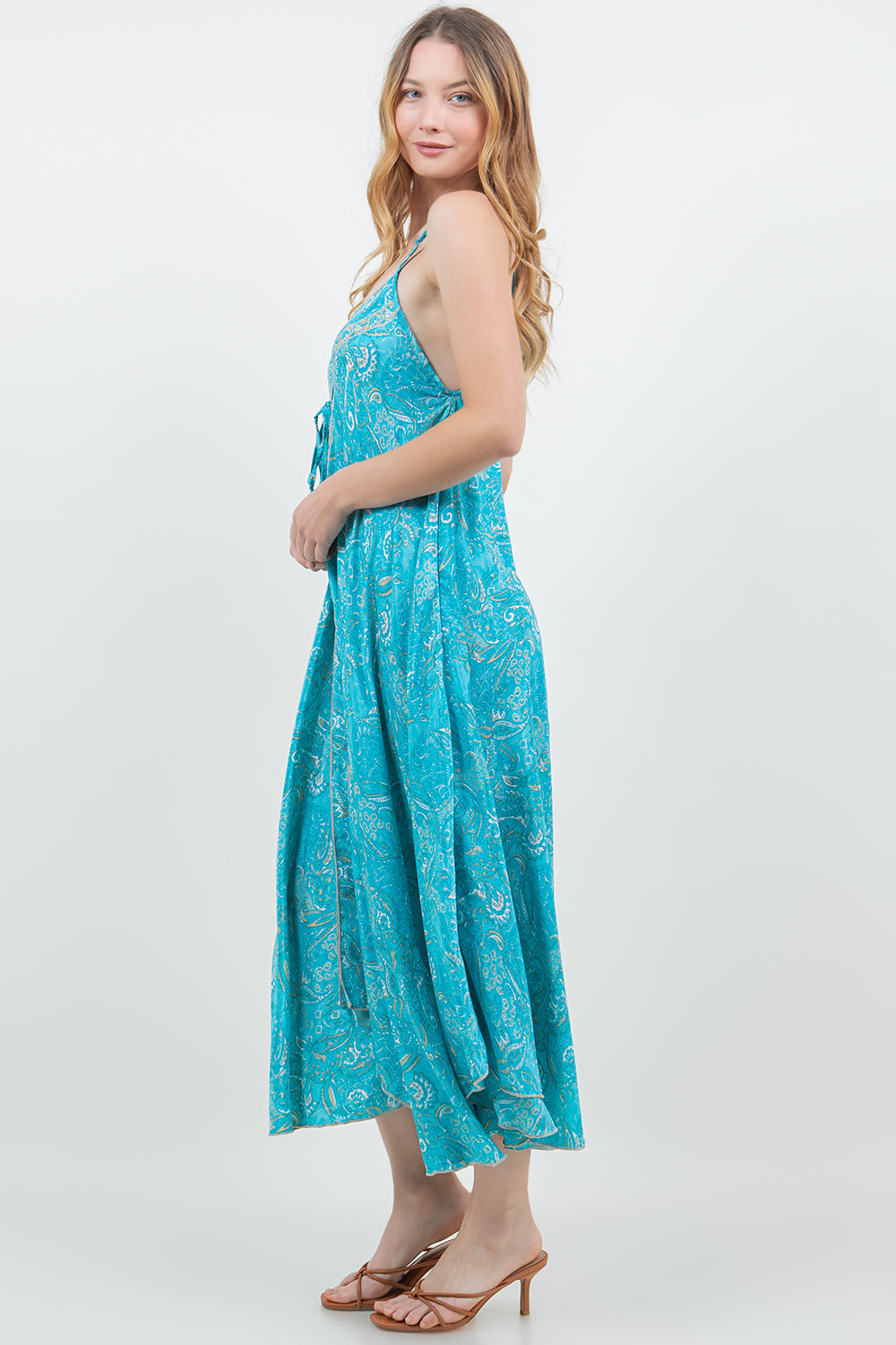 Silky Long Halter Dress with Pockets