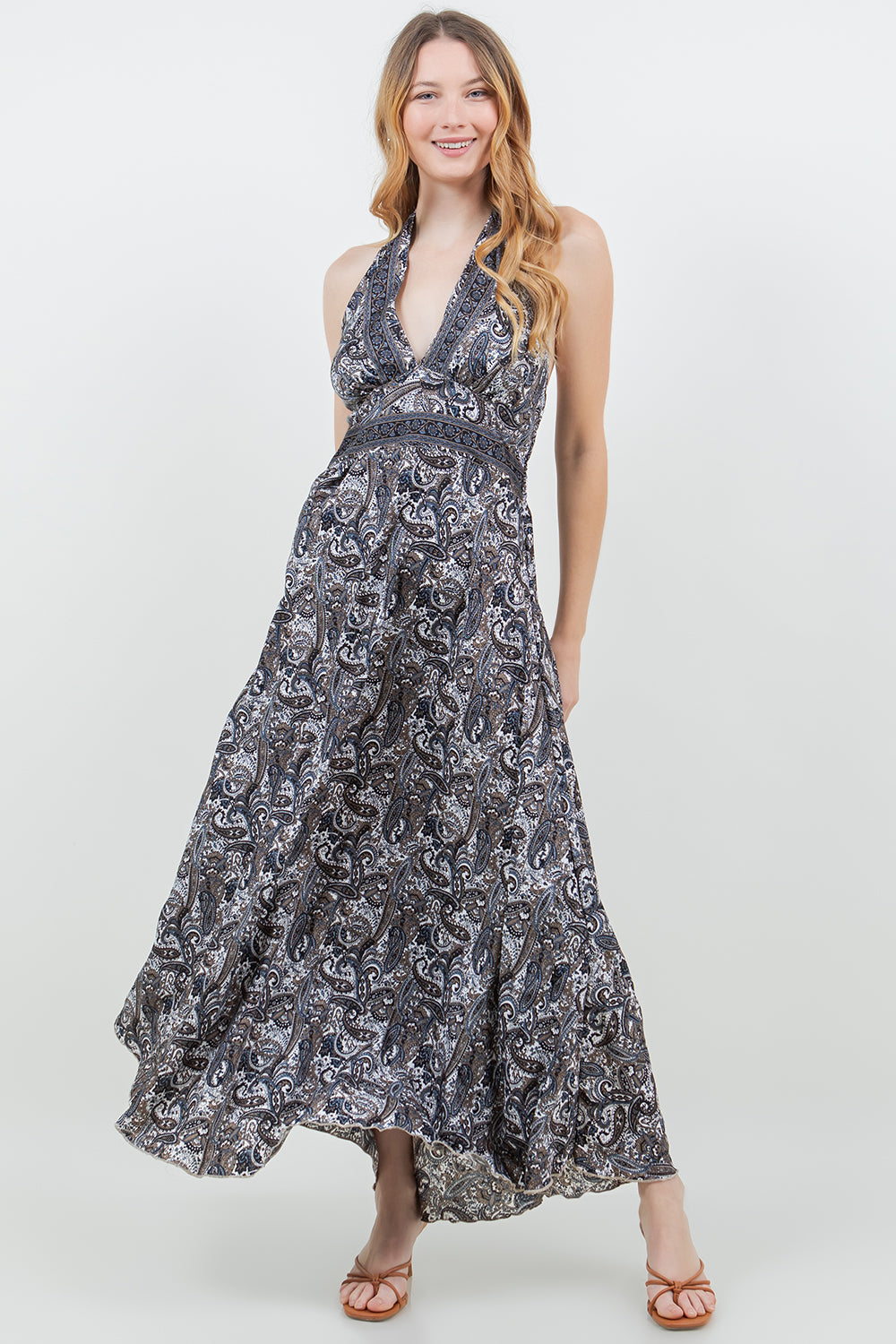 Silky Long Halter Dress with Elastic Back