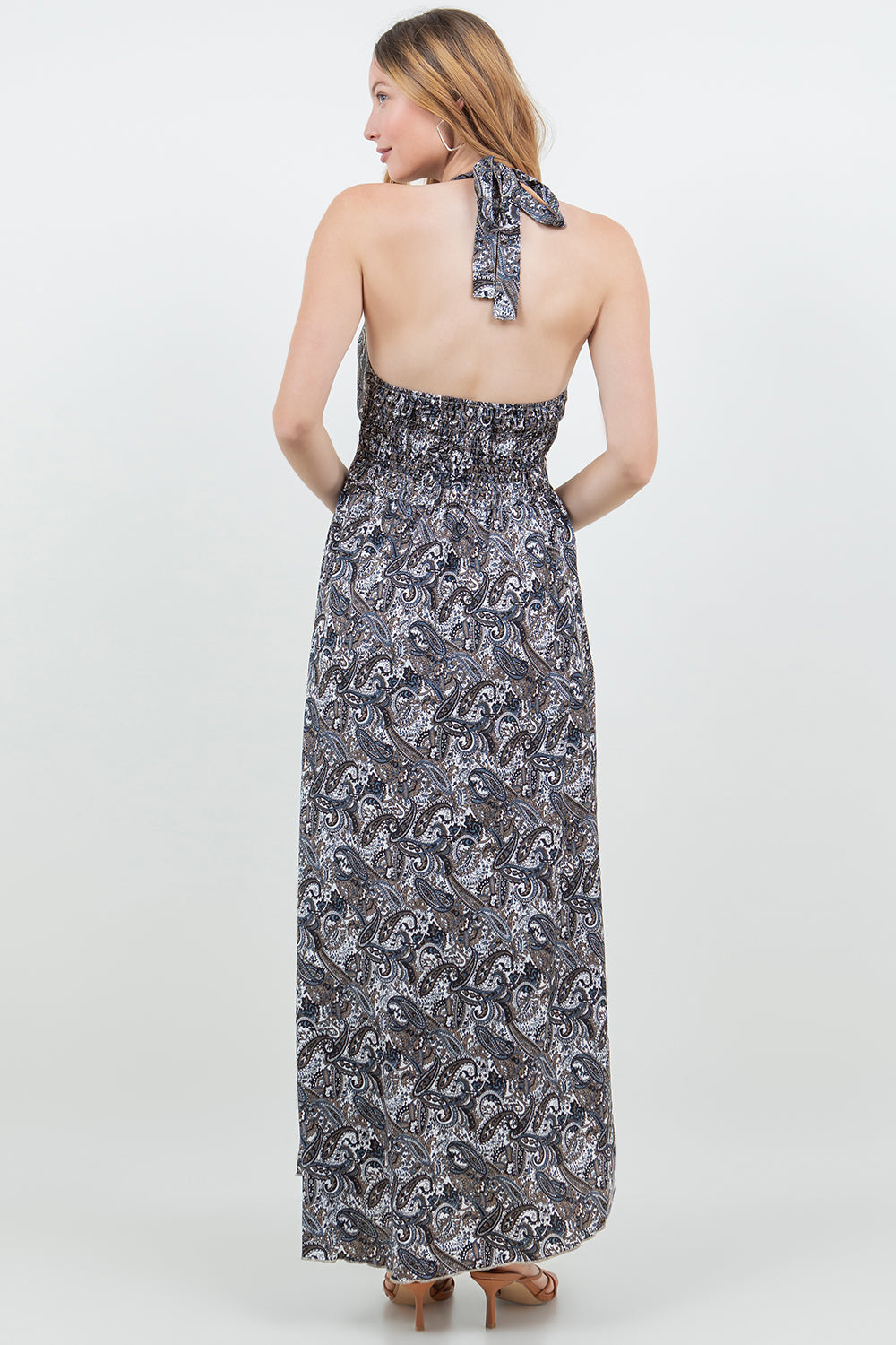 Silky Long Halter Dress with Elastic Back