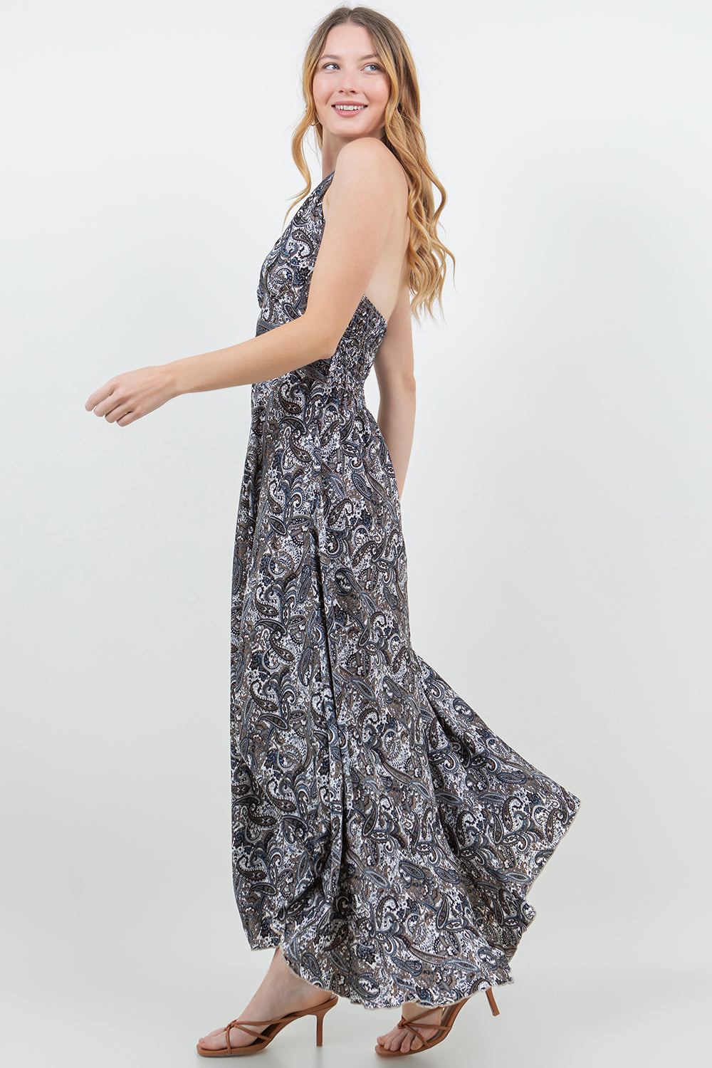 Silky Long Halter Dress with Elastic Back