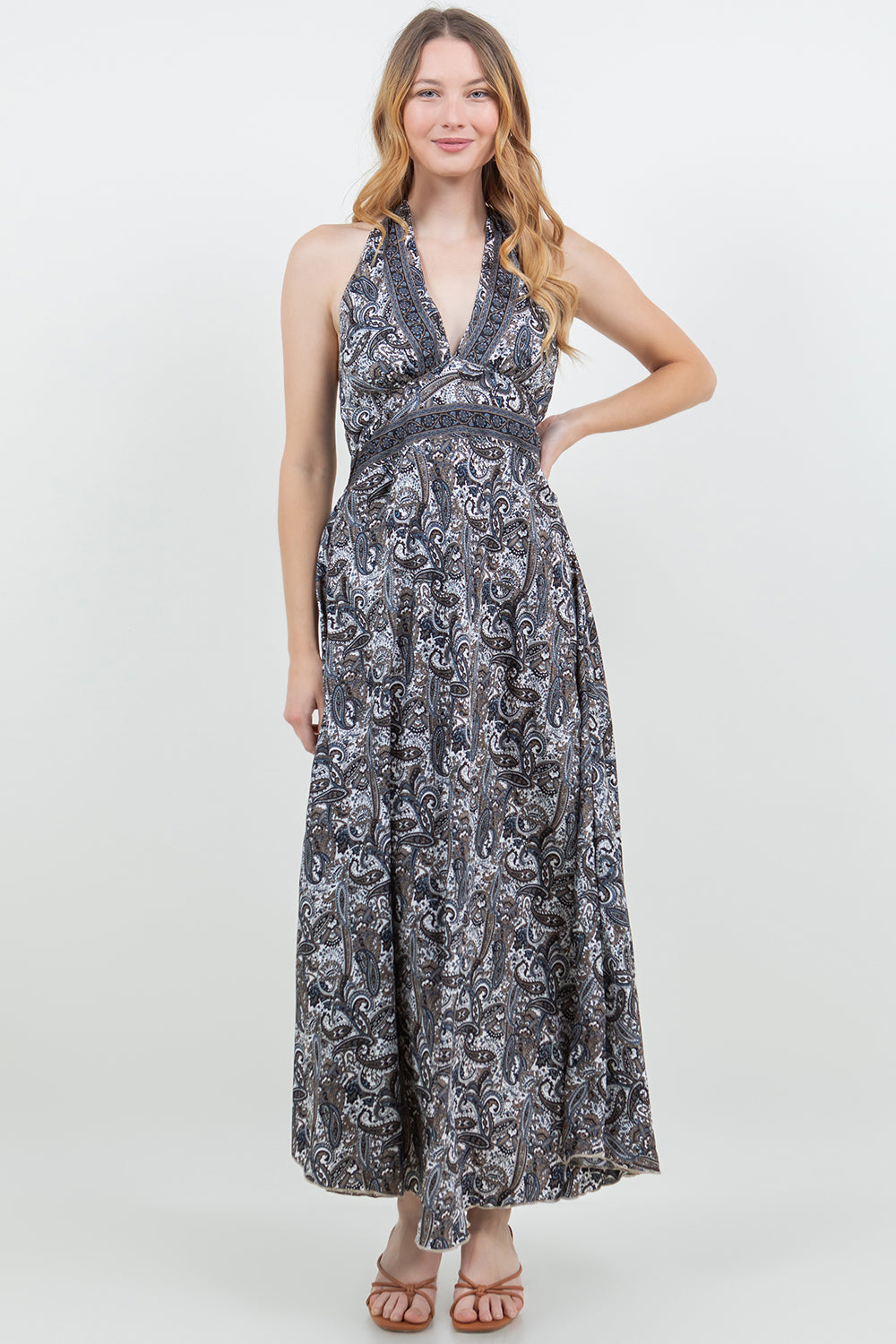 Silky Long Halter Dress with Elastic Back