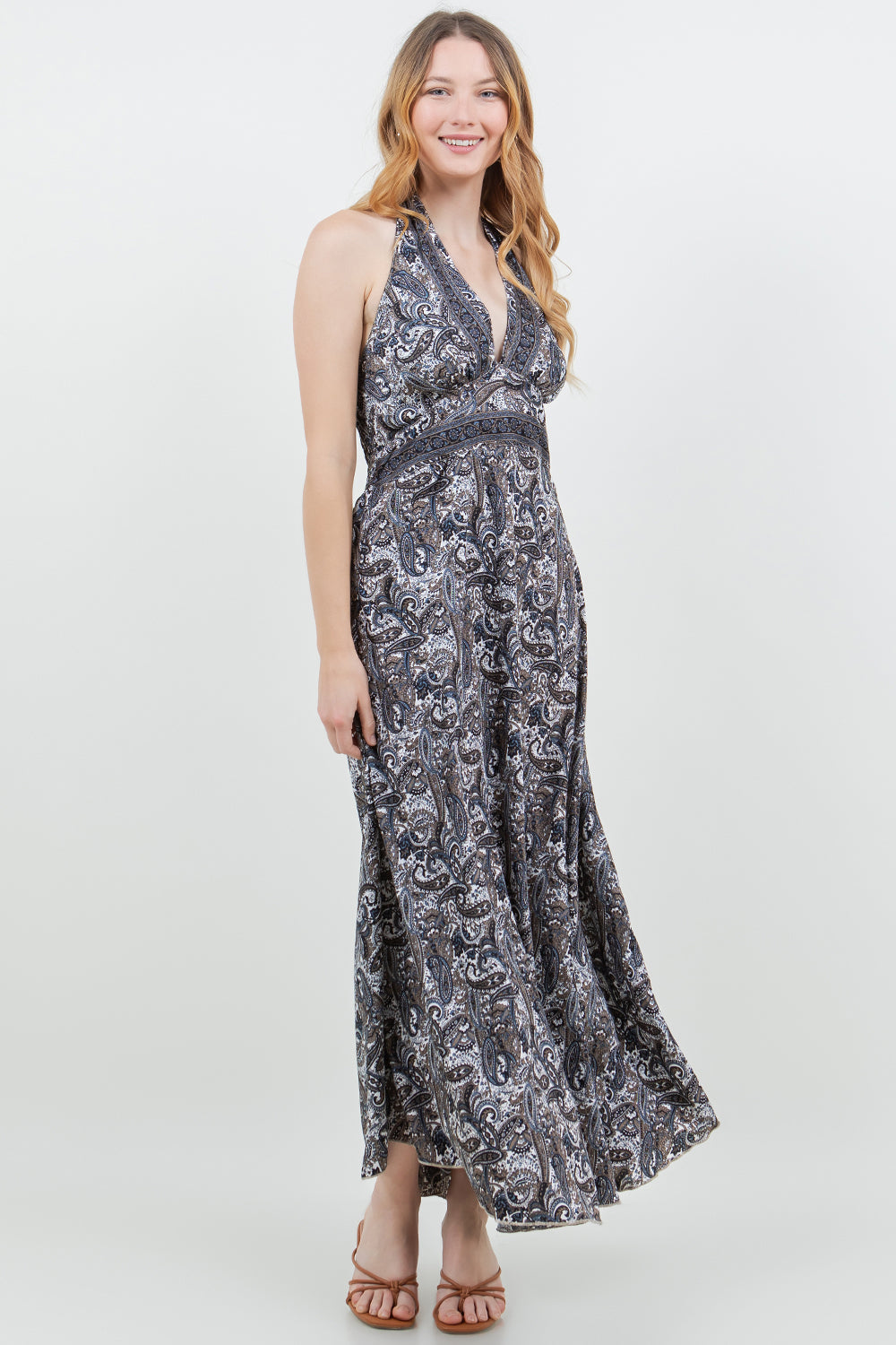 Silky Long Halter Dress with Elastic Back