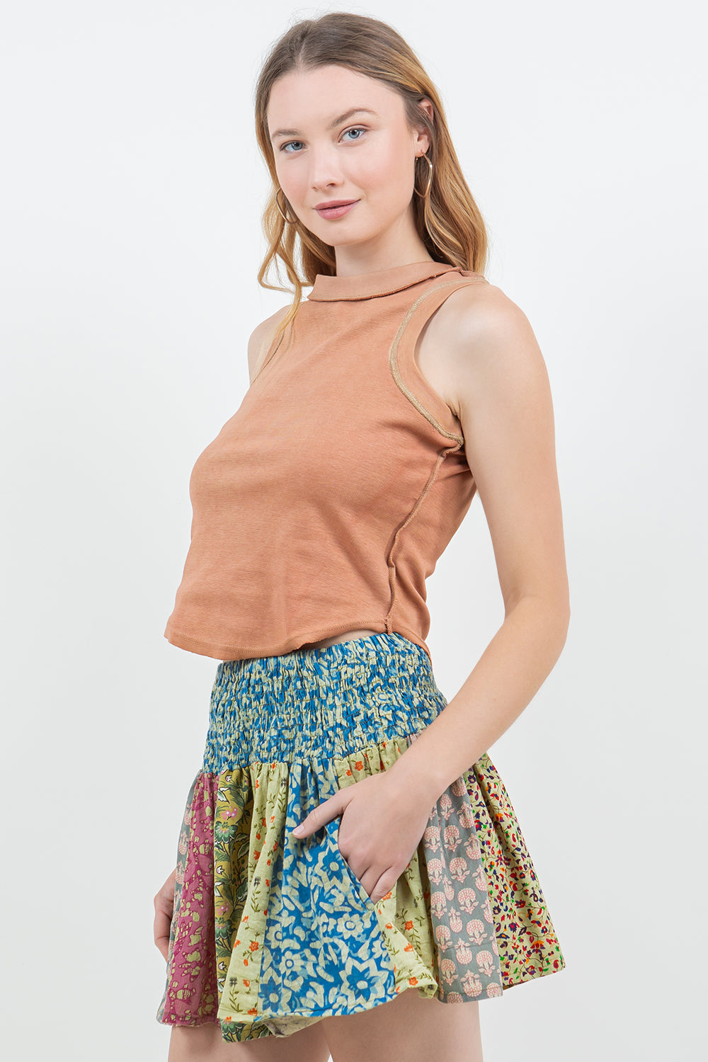 Cotton Elasticated Waist Panel Mini Skirt with Pockets