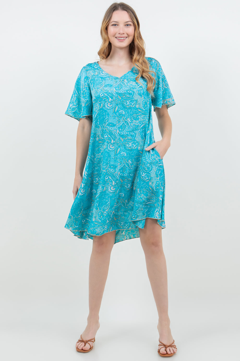 Silky Cap Sleeve Knee Length Dress with Pockets