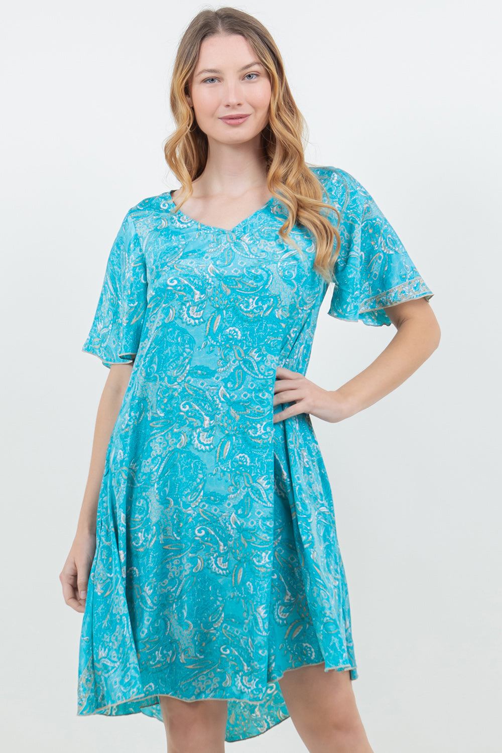 Silky Cap Sleeve Knee Length Dress with Pockets