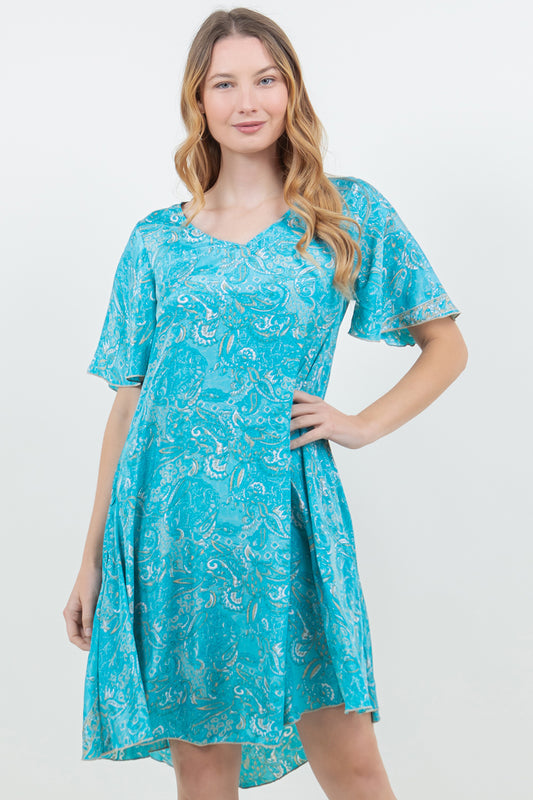 Silky Cap Sleeve Knee Length Dress with Pockets