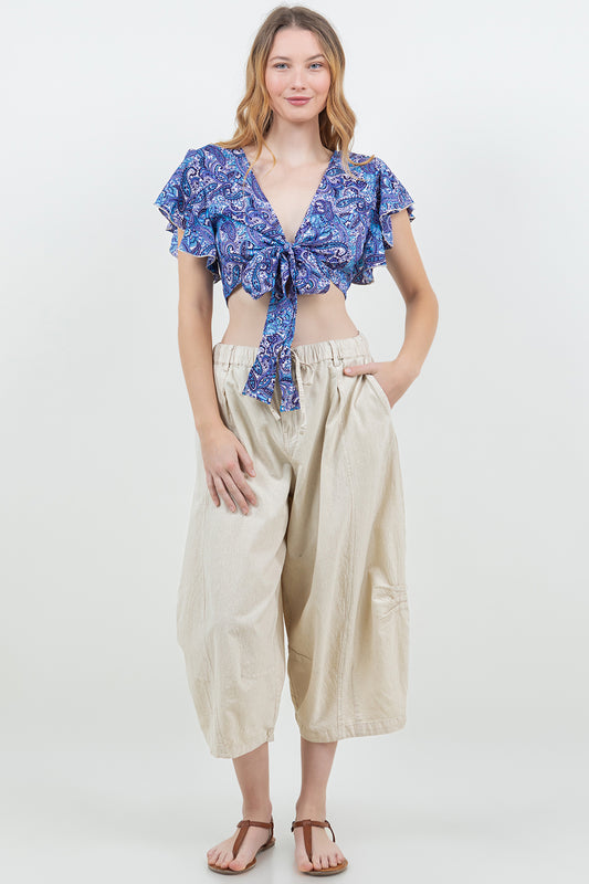 Silky Wrap Top with Ruffle Cap Sleeve