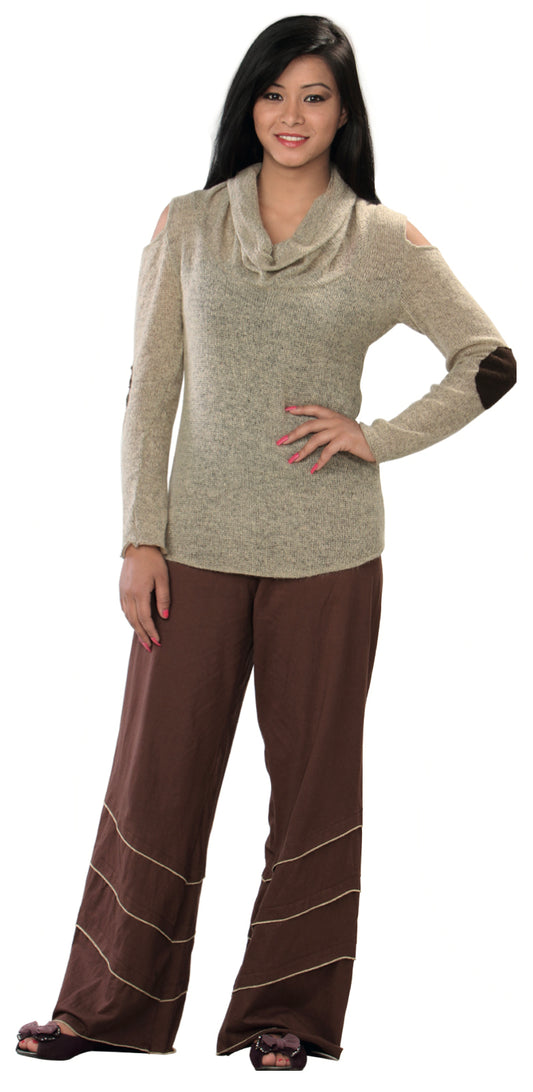 Cotton Elastic Waist Long Pant with Stitching  Detail