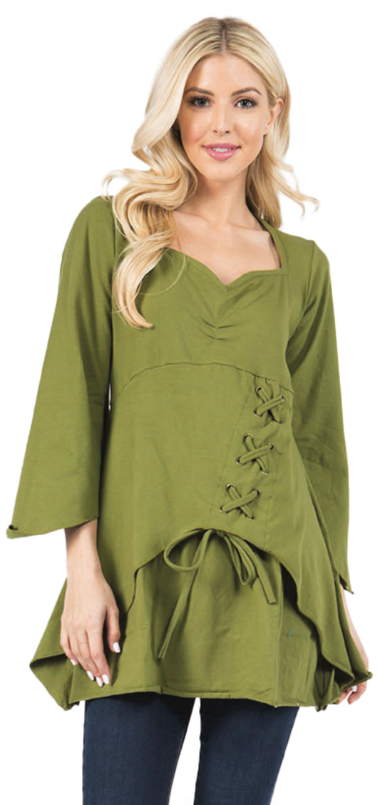 Cotton/Lycra Layered Long Sleeve Top with Lace Up Front