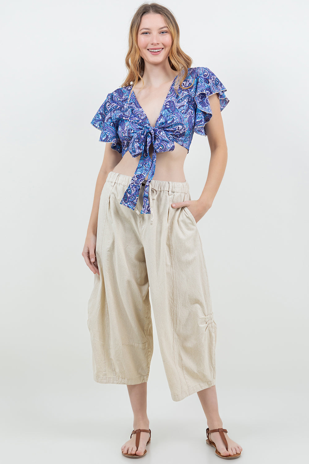 Silky Wrap Top with Ruffle Cap Sleeve