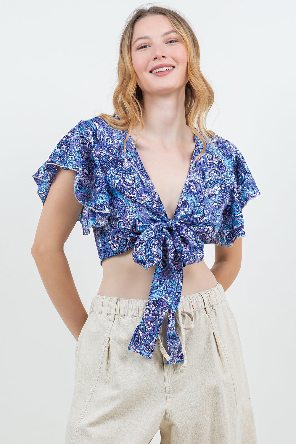 Silky Wrap Top with Ruffle Cap Sleeve