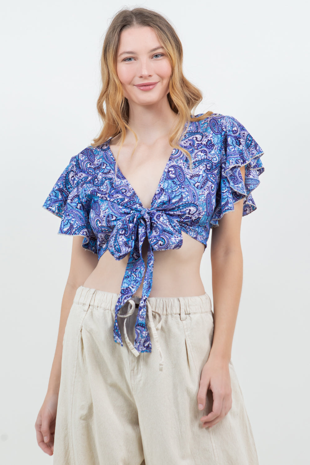 Silky Wrap Top with Ruffle Cap Sleeve
