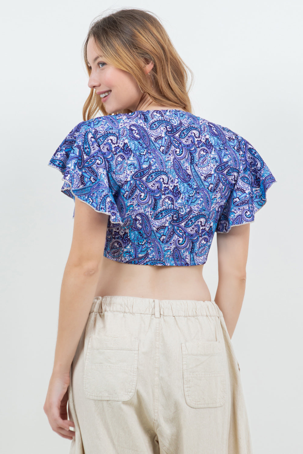 Silky Wrap Top with Ruffle Cap Sleeve