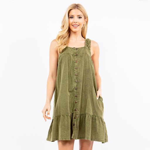 Cotton Stonewashed Button-Down Knee Length Dress