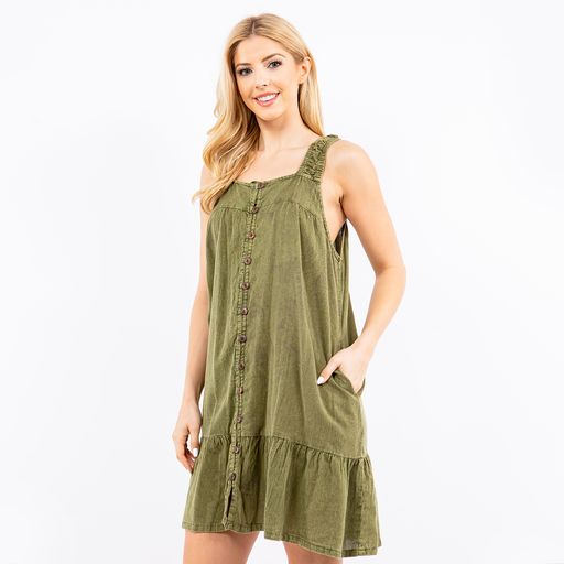 Cotton Stonewashed Button-Down Knee Length Dress