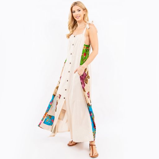 Cotton Long Button-Down Halter Dress with Side Patches