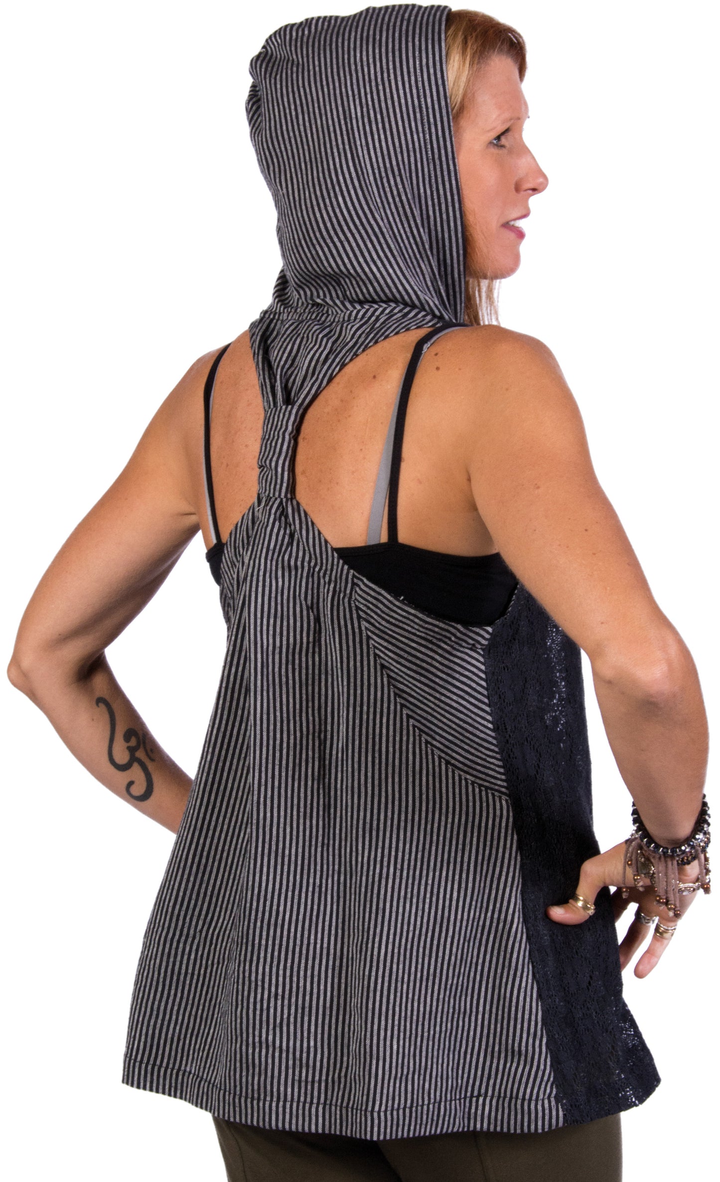 Cotton Hamd Loom Zip Up Vest with Hood