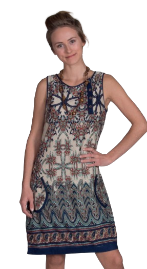 Rayon Jaipuri Print Three Button Dress with Pockets