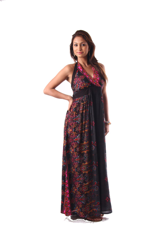 Printed Rayon Long Halter Dress