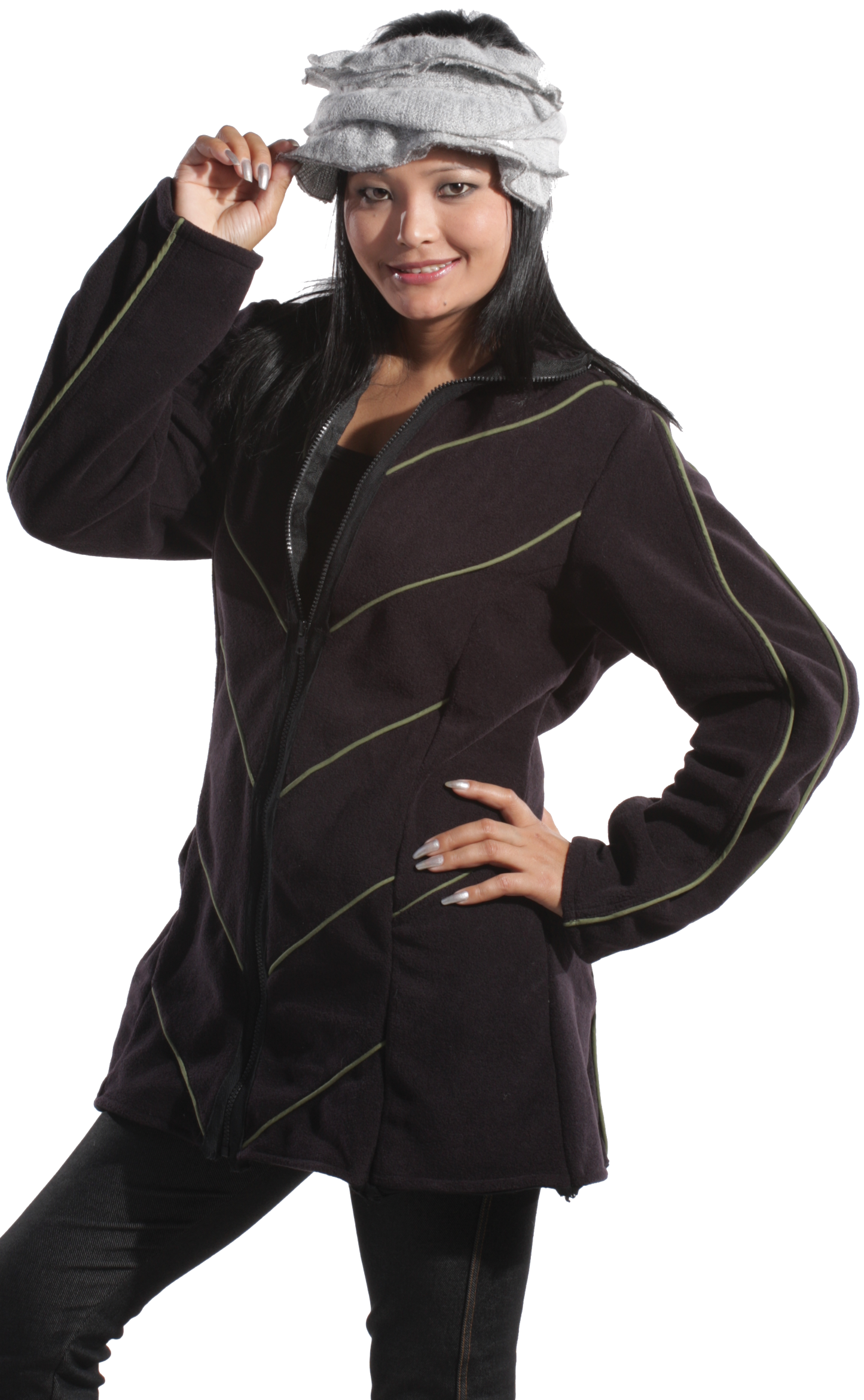 Fleece Zip Up Coat with Piping