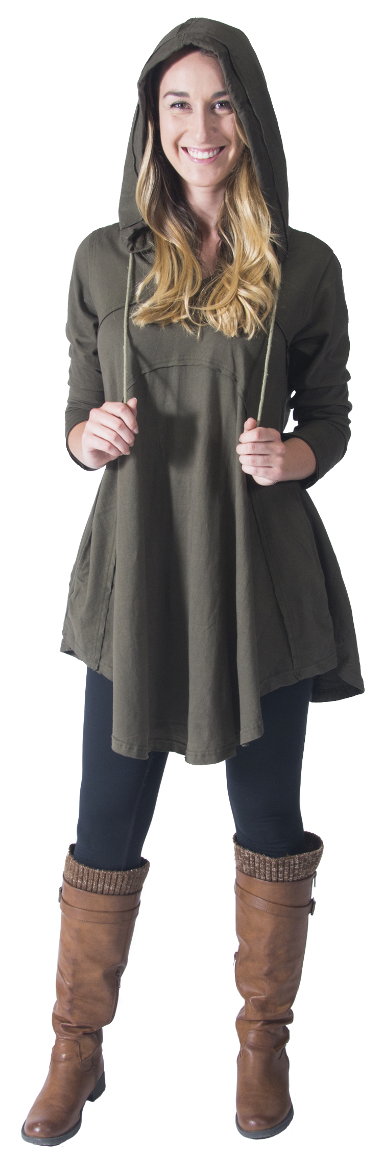 Woman wearing a green hooded dress with brown boots on a white background
