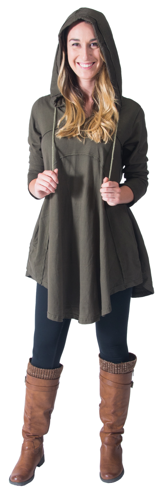 Woman wearing a green hooded dress with brown boots on a white background