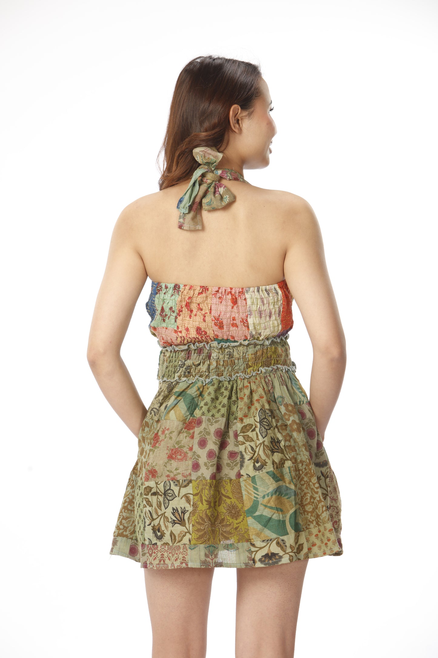 Cotton Patchwork Dress And Bando Set With Pockets