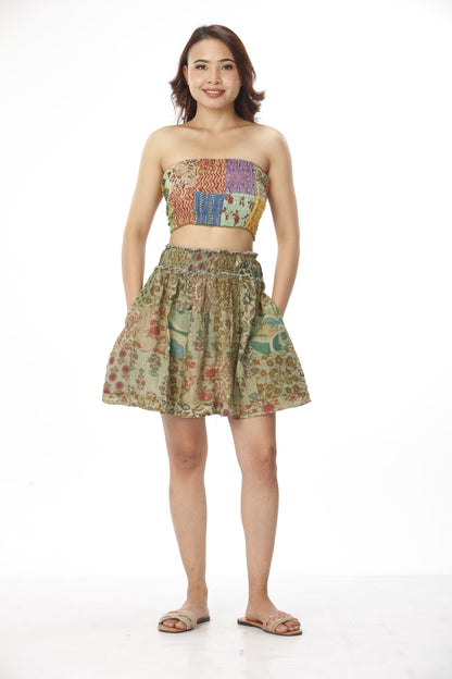 Cotton Patchwork Dress And Bando Set With Pockets