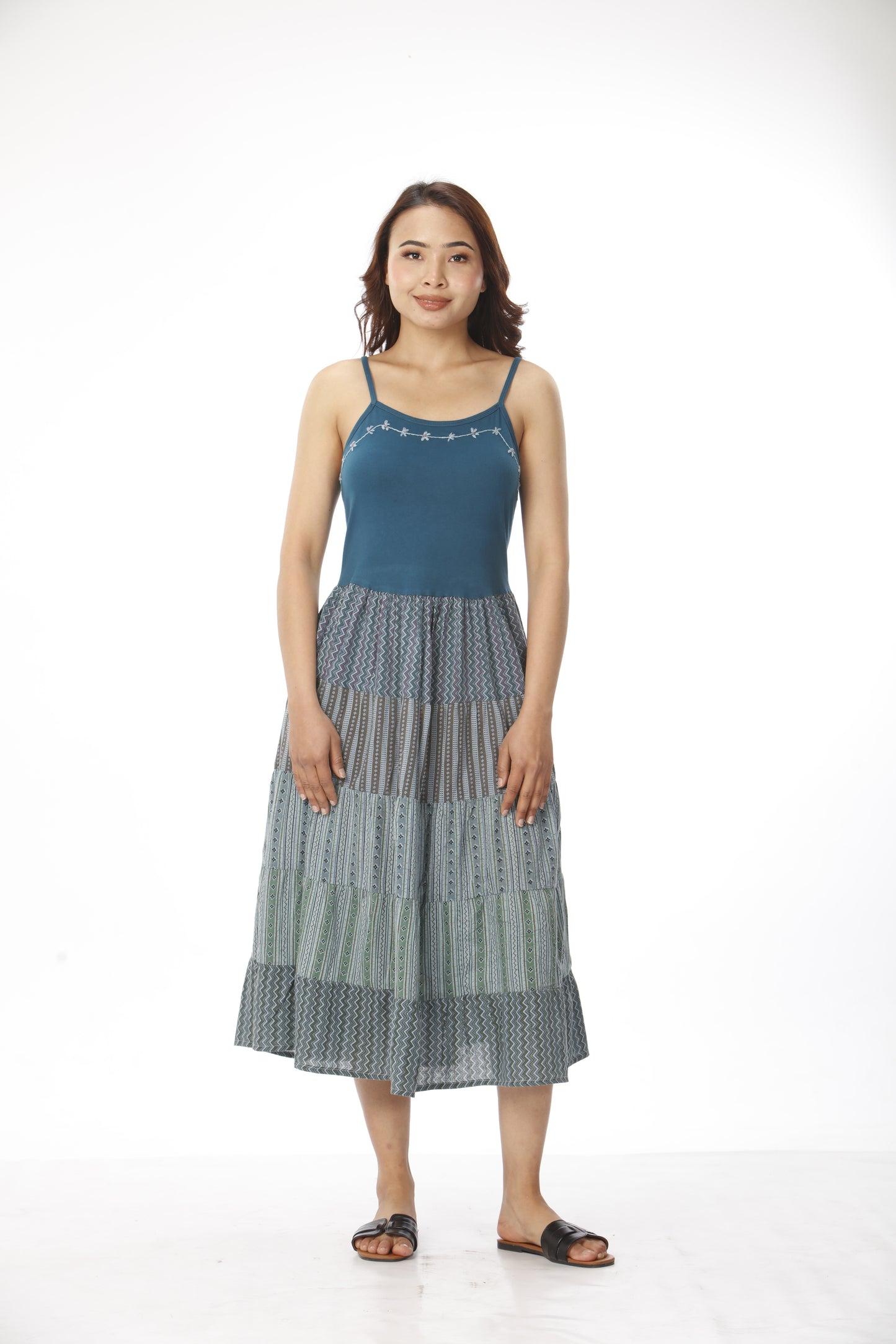 Cotton Patchwork Dress With Hand Embroidery With Pockets