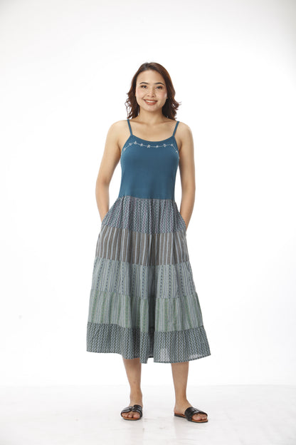 Cotton Patchwork Dress With Hand Embroidery With Pockets