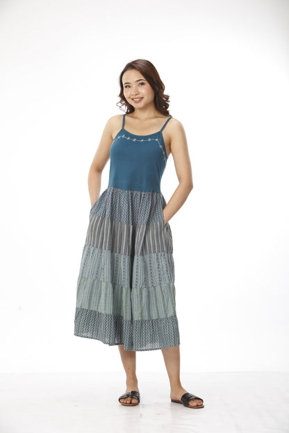 Cotton Patchwork Dress With Hand Embroidery With Pockets