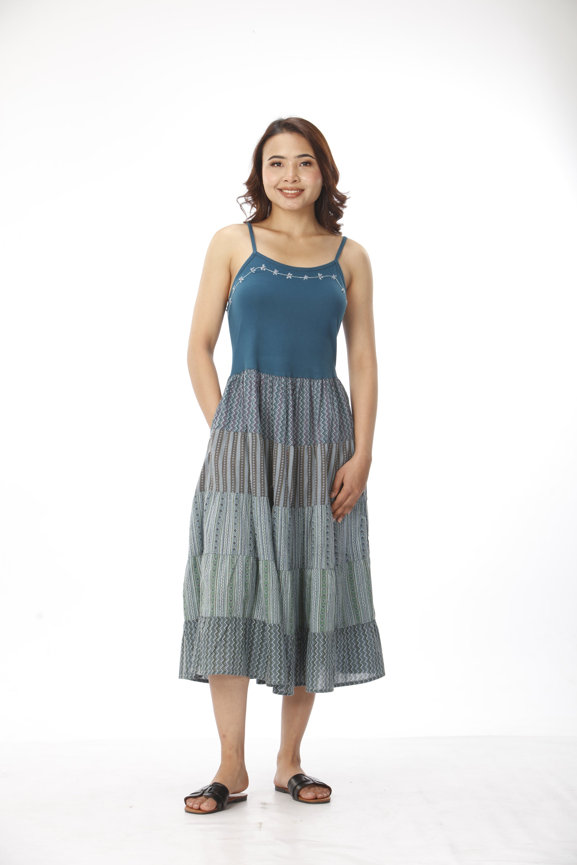 evening dress in cotton patchwork with striped and printed overskirt Block Print Patchwork Stripe Dress