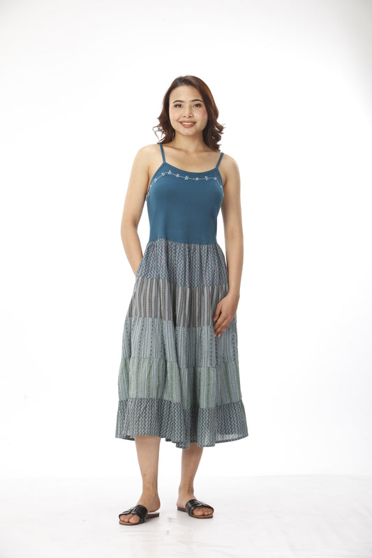 Cotton Patchwork Dress With Hand Embroidery With Pockets