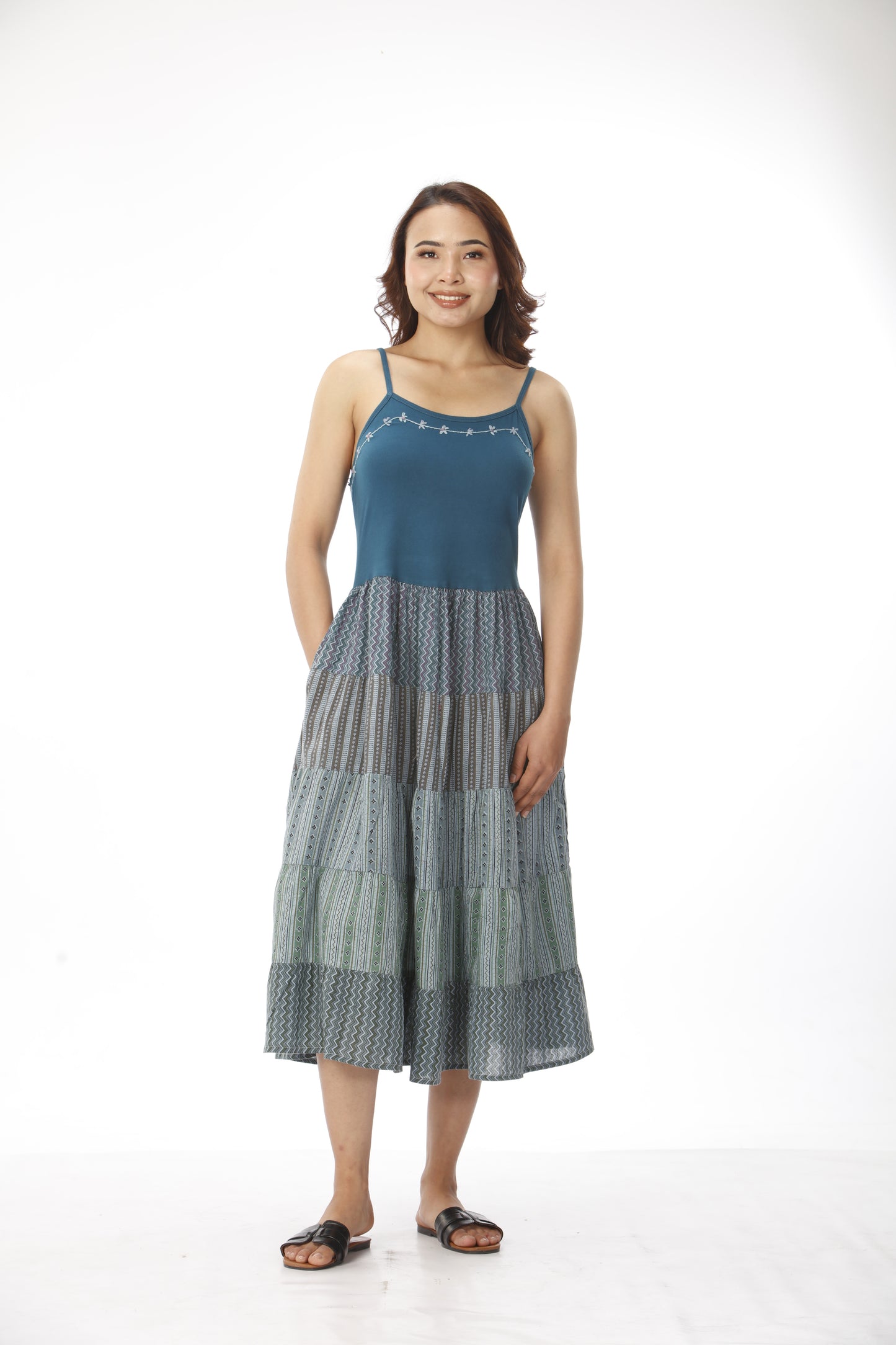 Cotton Patchwork Dress With Hand Embroidery With Pockets