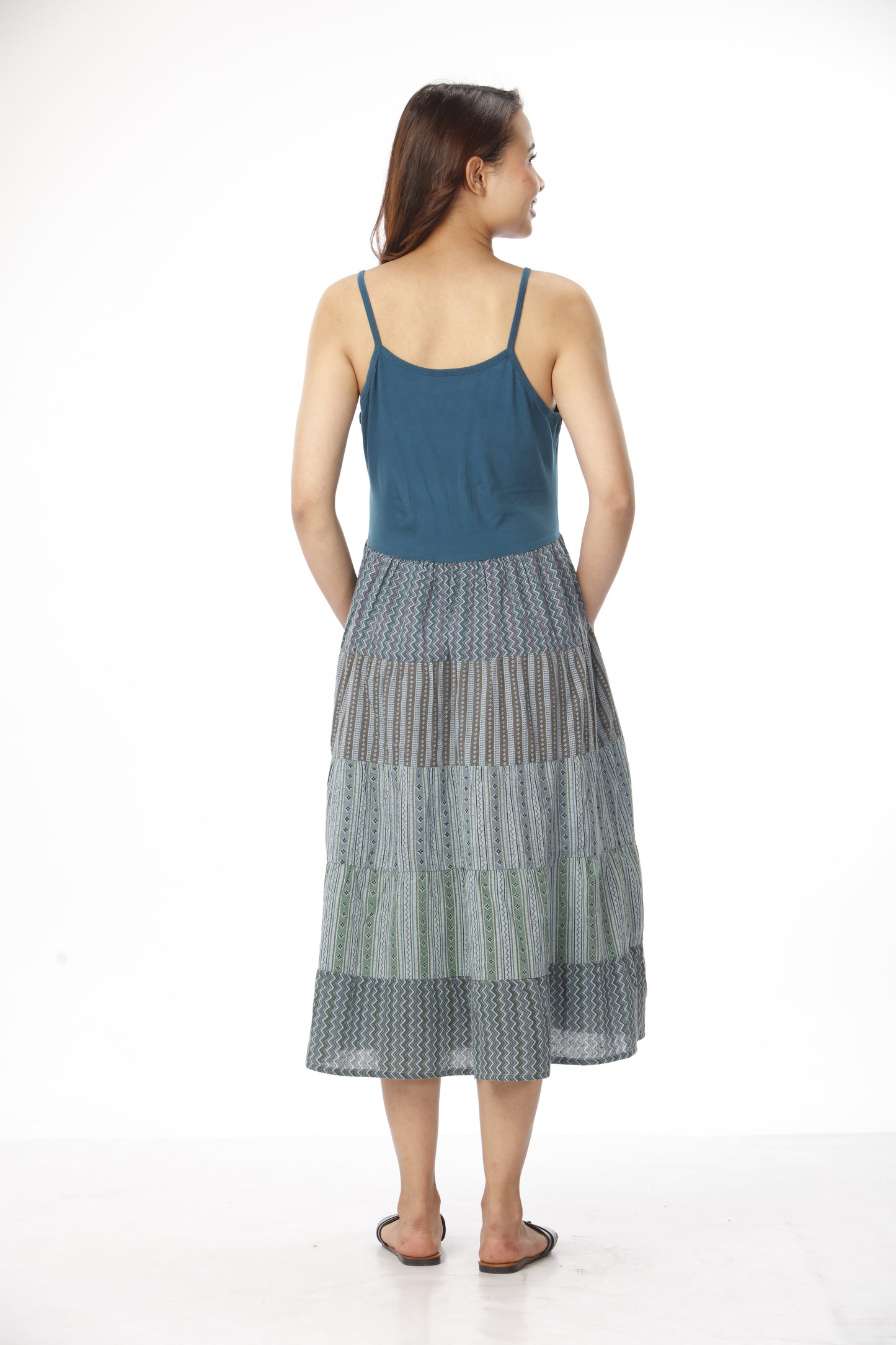 Cotton Patchwork Dress With Hand Embroidery With Pockets